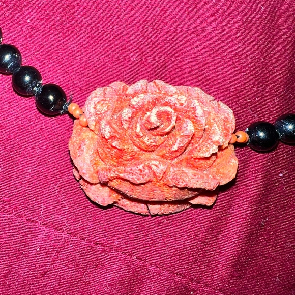 Onyx & Sponge Coral Necklace with Hand-Carved Rose Centerpiece and 
